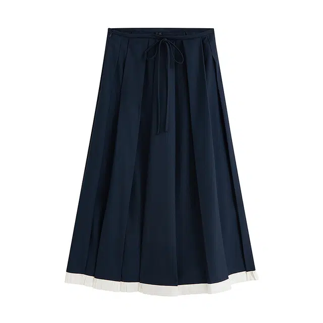 茵曼 撞色花边通勤高腰宽松百褶半身裙休闲短裙 女款