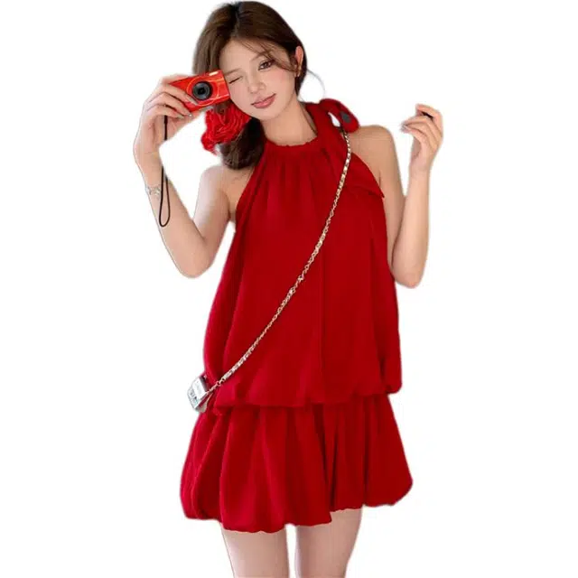 黛尔佳人 纯色挂肩雪纺脖露吊带气质裙子无袖连衣裙 女款