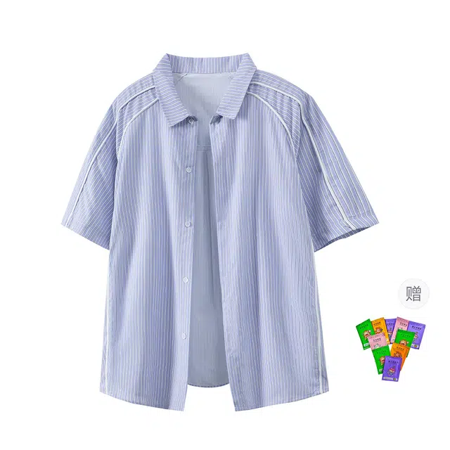 梓润格 美式时尚潮流简约设计感高级青春无性别主义校园日常通勤百搭透气帅气户外条纹潮牌宽松休闲上衣短袖衬衫 男女同款