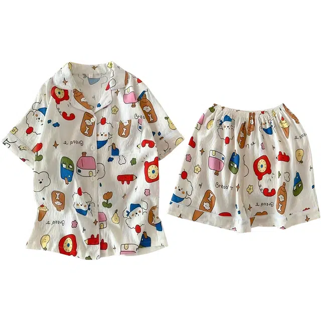 俏韵 翻领卡通夏季云朵棉甜美短袖短裤薄款舒适家居服可外穿睡衣套装 女款
