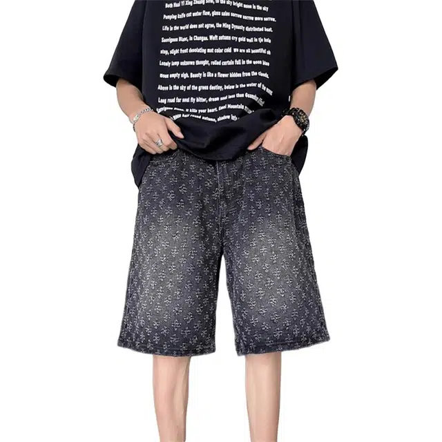 黑马漫画 美式复古提花薄款牛仔短裤 男女同款
