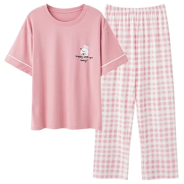 俏韵 圆领夏季舒适纯棉短袖长裤带胸垫甜美薄款凉感家居服可外穿睡衣套装 女款