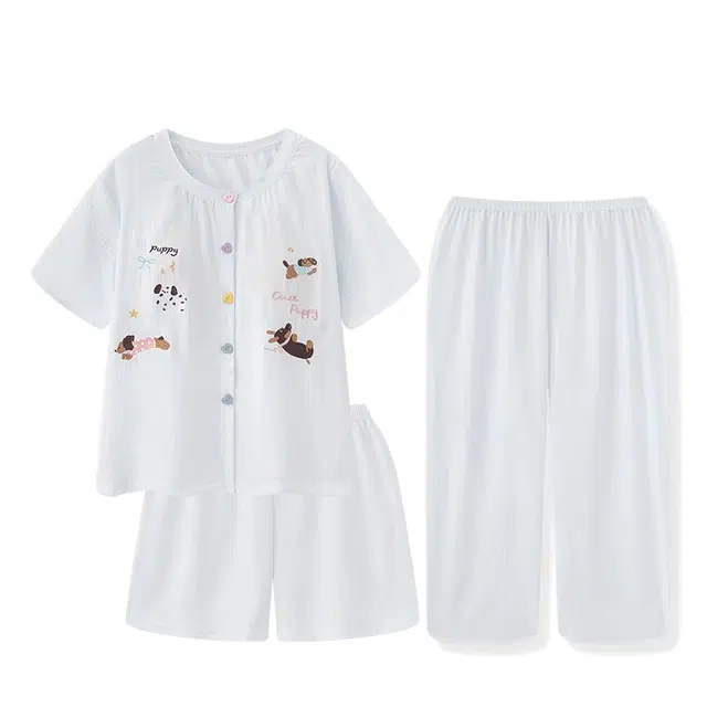 俏韵 圆领夏季带胸垫卡通腊肠狗短袖长裤三件套云朵棉薄款防凸点家居服可外穿睡衣套装 女款