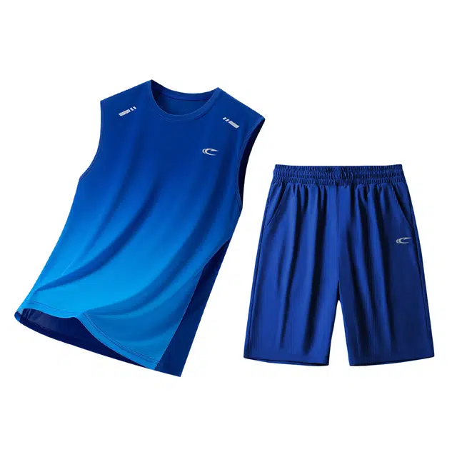 赛琪 美式健身跑步背心晨跑潮流冰丝网眼轻薄透气渐变百搭速干田径训练吸湿排汗直筒五分短裤休闲运动套装 男女同款