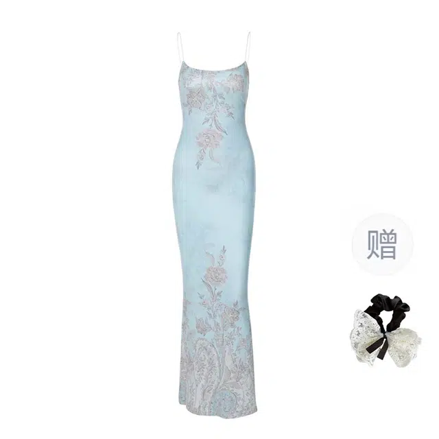 涂诗菲 古典花卉复古扎染海岛沙滩度假风修身吊带连衣裙 女款