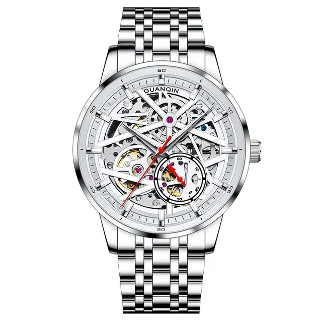 冠琴 飓风系列 镂空飞轮多功能手表男夜光防水 自动机械机芯 精钢表带 国表 男表 白色表盘