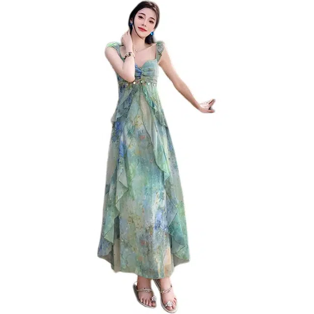 黛尔佳人 气质印花长裙百搭无袖吊带连衣裙 女款