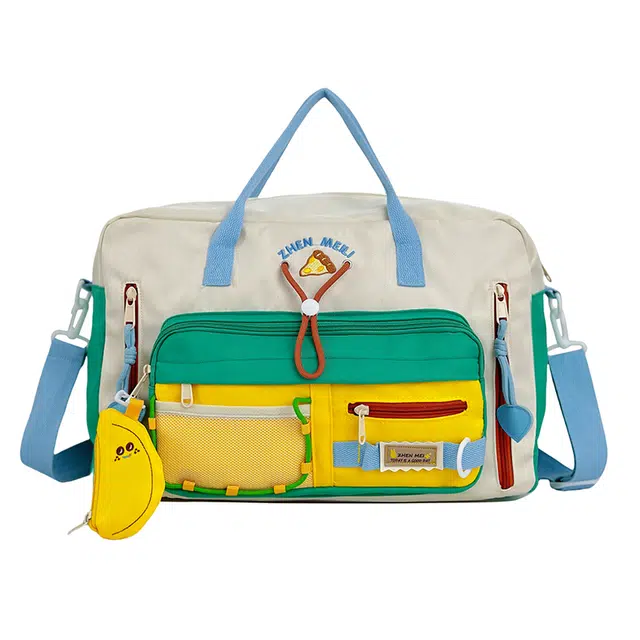 笛贝嘉 大容量拼色出差休闲运动百搭清新防水 尼龙 斜挎手提单肩包旅行包 女款 白配绿/白配粉