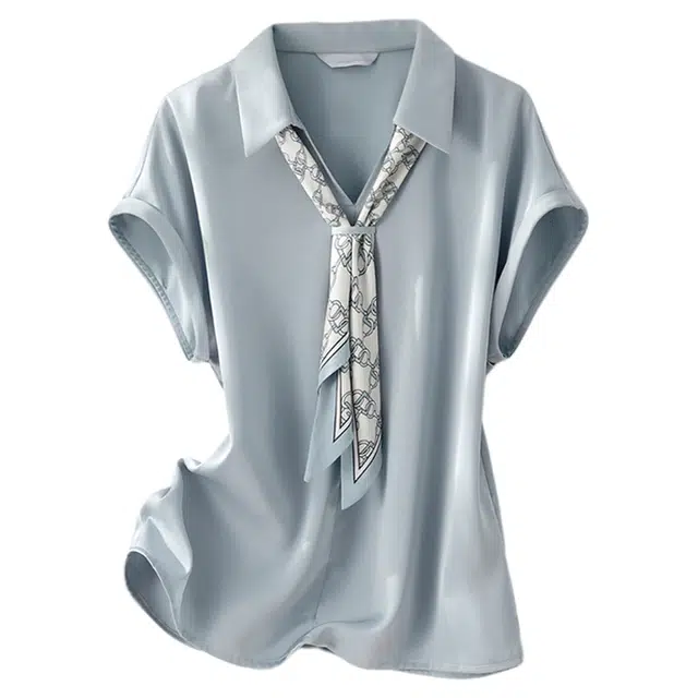 潞优野 丝巾洋气小衫上衣纯色简约气质优雅短袖衬衫 女款
