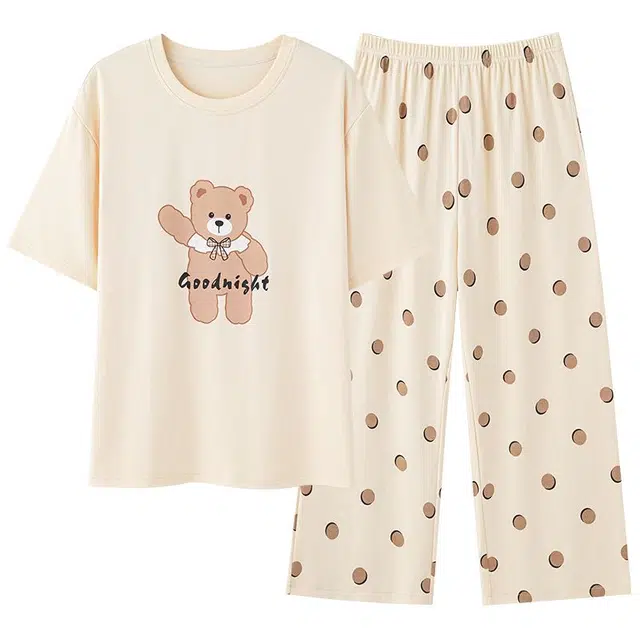 俏韵 圆领卡通夏季舒适纯棉短袖带胸垫甜美薄款凉感家居服可外穿睡衣套装 女款