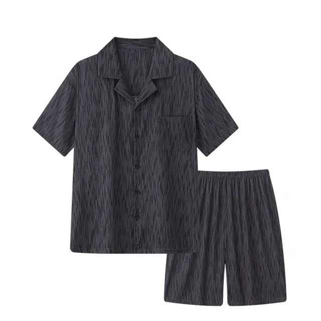 俏韵 翻领夏季冰丝绸短袖简约高级感凉感家居服可外穿睡衣套装 男款