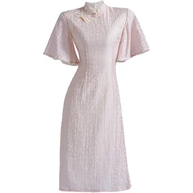 敲模女孩 新中式印花改良国风旗袍修身优雅短袖连衣裙 女款