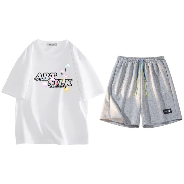 敦煌博物馆 清新飞鸟彩色印花潮流百搭宽松学院风纯棉圆领短袖上衣直筒五分短裤时尚休闲运动套装 男女同款