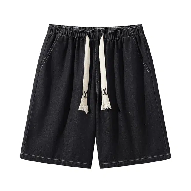 黑恐龙 美式复古高街做旧休闲百搭简约通勤中腰宽松五分牛仔短裤 男女同款