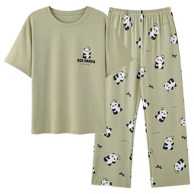 俏韵 圆领卡通熊猫夏季舒适纯棉短袖长裤带胸垫甜美薄款凉感家居服可外穿睡衣套装 女款