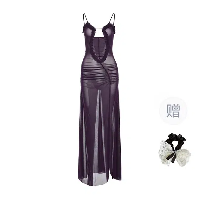 涂诗菲 法式典雅设计感镂空性感蕾丝拼接高开叉吊带连衣裙 女款