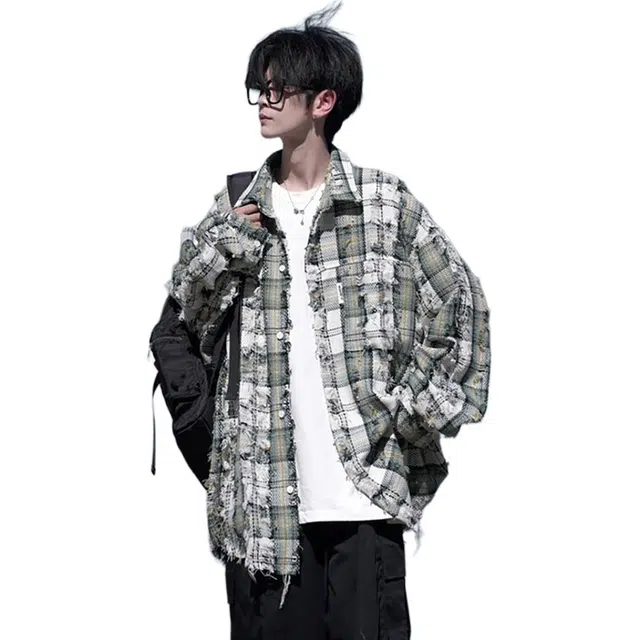 袋鼠 港风破洞格子流苏外套设计感格纹美式时尚复古宽松大码休闲长袖衬衫 男女同款