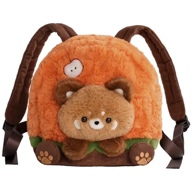 抱竹 可爱汉堡小熊猫毛绒玩偶 聚酯纤维 双肩包 常规 女款 橘色拼棕色