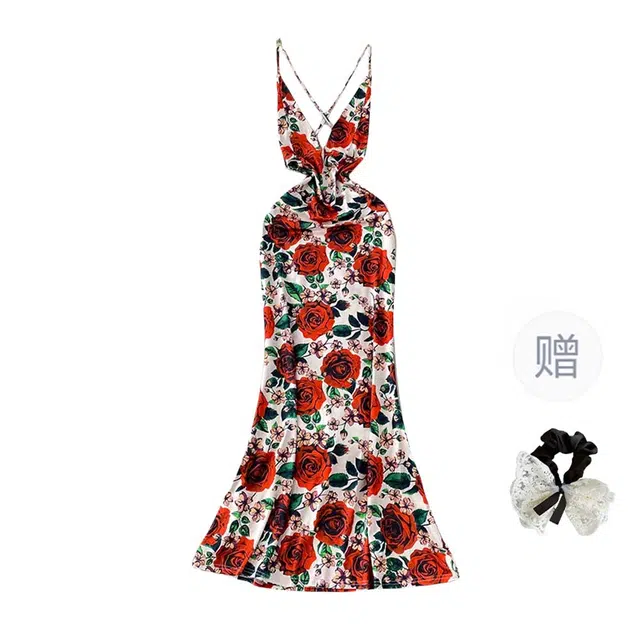 涂诗菲 法复古小众度假海边沙滩裙时尚玫瑰印花修身辣妹性感吊带连衣裙 女款