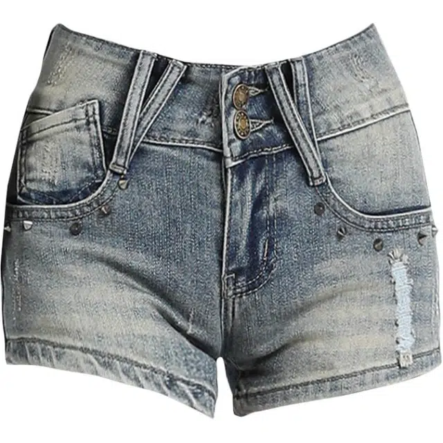 拾籍 时尚潮流破洞设计修身弹力复古高街美式低腰包臀牛仔短裤 女款