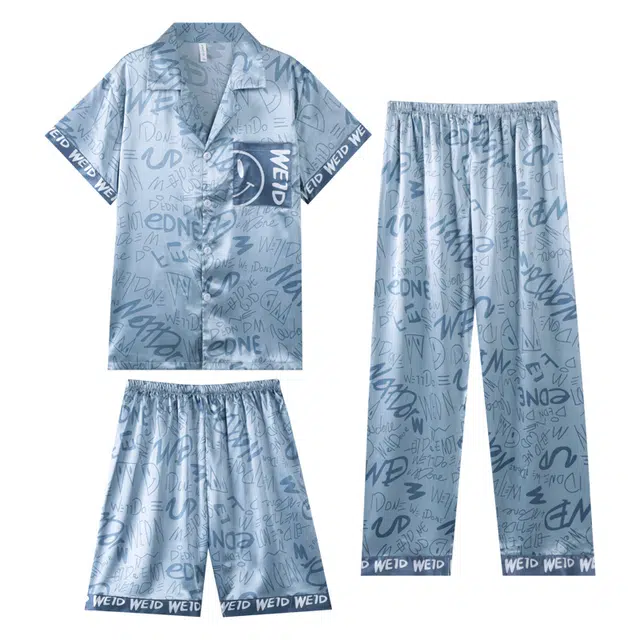 兰缪 三件套休闲舒适短袖凉感短裤居家服长裤睡衣套装 男款