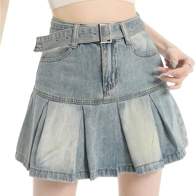 玫丝朵 美式辣妹高街百褶半身裙防走光高腰牛仔短裙 女款