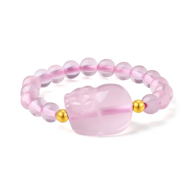 老庙 【旺桃花 招财纳福】粉色貔貅弹力指环 新中式国风小众设计甜美少女风格简约百搭#好运天然 粉水晶 戒指 女款