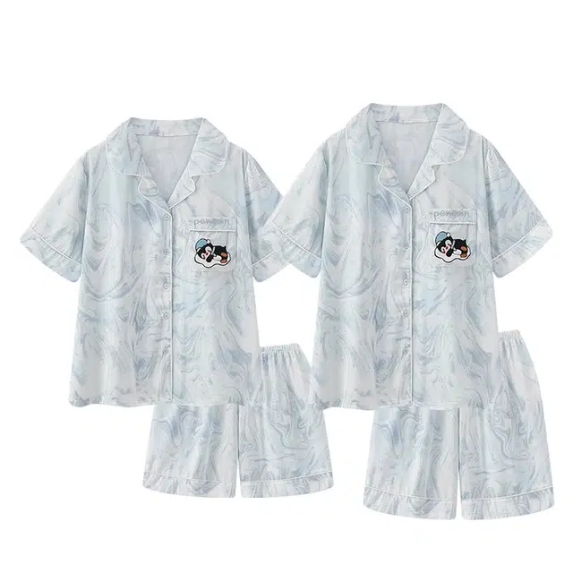 俏韵 翻领卡通企鹅短袖三分裤凉感家居服可外穿夏季睡衣套装 男女同款
