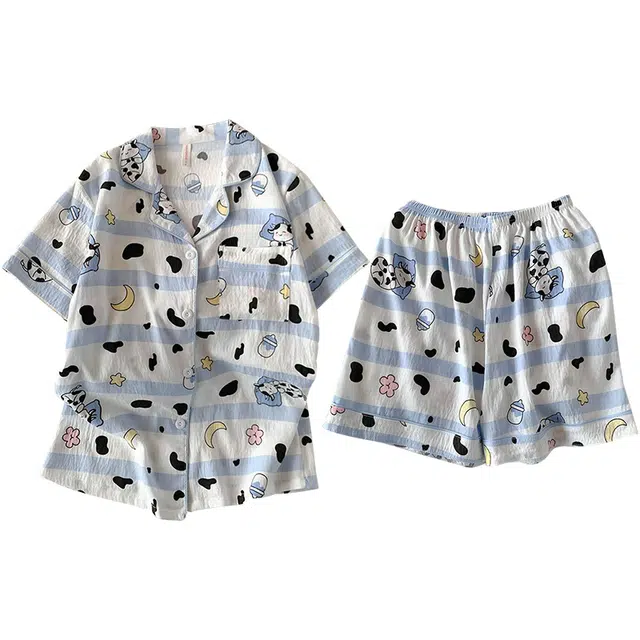 俏韵 翻领卡通夏季云朵棉可爱甜美短袖短裤薄款舒适家居服可外穿睡衣套装 女款