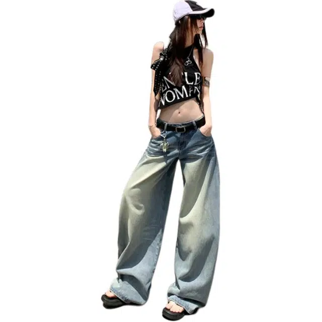 淑好百 浅色水洗立体猫须低腰直筒牛仔裤宽松阔腿长裤舒适休闲时尚个性裤子 女款