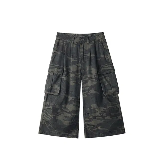 欧路得 美式迷彩工装男褶皱多口袋设计七分裤水洗做旧高街痞帅休闲裤短裤 男款