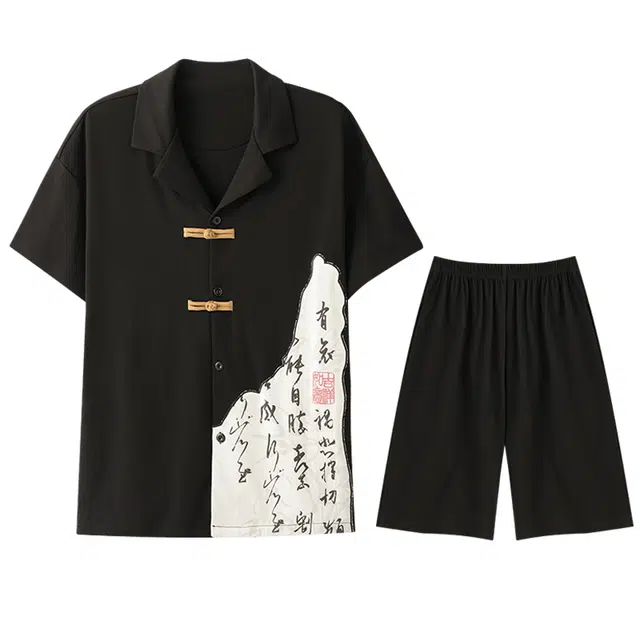 向薇 新中式纯棉男夏季短袖男士男生国风可外穿睡衣套装 男款