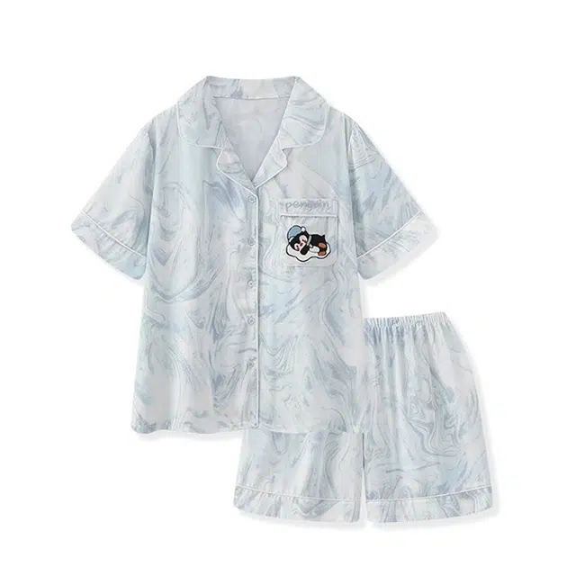 俏韵 翻领卡通企鹅短袖三分裤凉感家居服可外穿夏季睡衣套装 男女同款