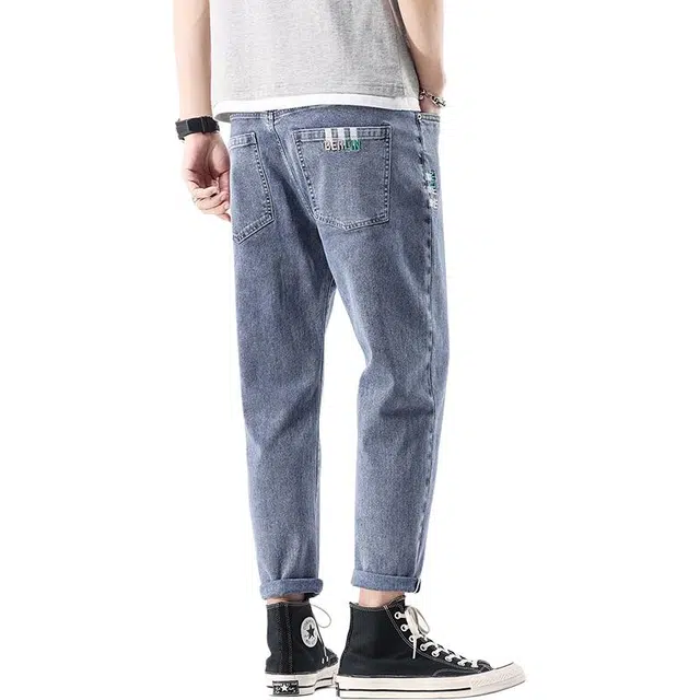 么宁 字母刺绣潮流时尚休闲弹力舒适透气简约百搭个性痞帅九分牛仔裤 男女同款