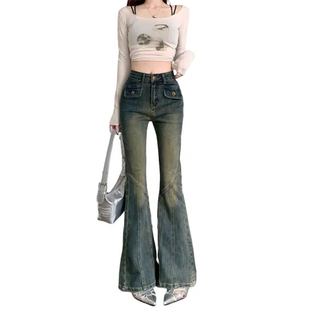 北极绒 设计感美式复古微喇小个子高腰修身拖地牛仔裤 女款