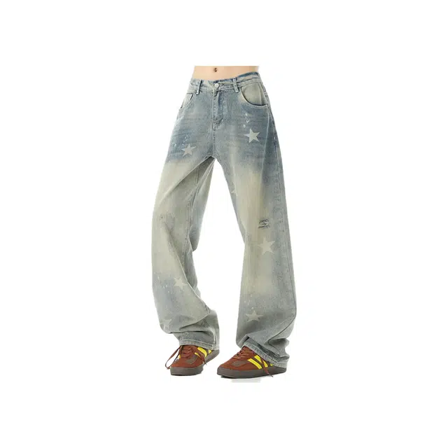 零氏 美式复古潮牌水洗做旧星星印花磨破破洞设计休闲百搭时尚阔腿牛仔裤 男女同款
