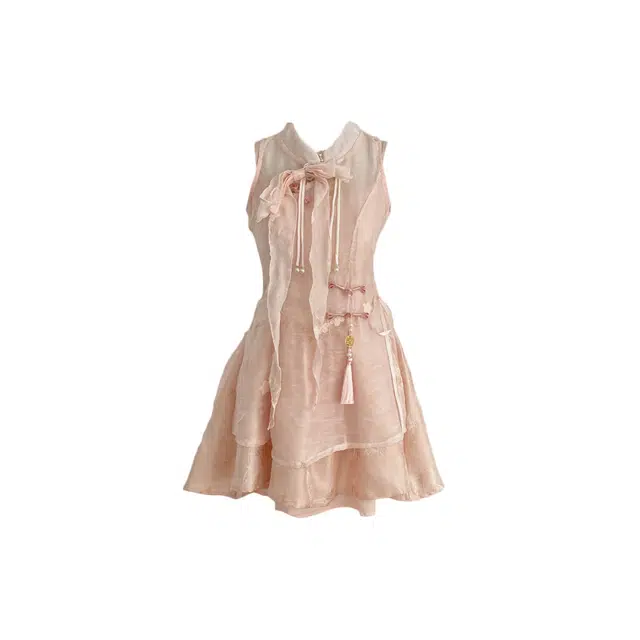 敲模女孩 新中式气质蝴蝶结盘扣罩衫叠穿吊带收腰蓬蓬连衣裙裙装套装 女款