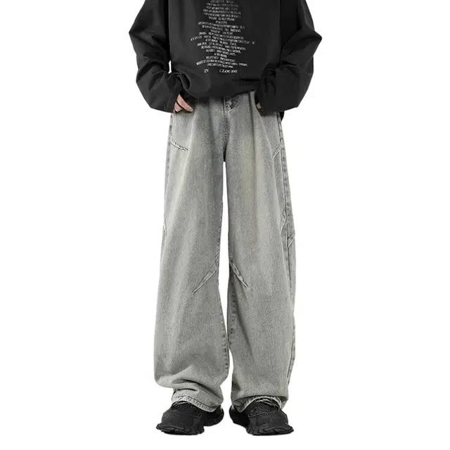 沐诚阳译 美式复古阔腿潮牌宽松拖地长裤牛仔裤 男款