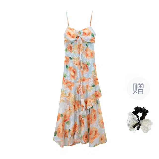 涂诗菲 复古印花多巴胺撞色收腰显瘦海边度假沙滩裙仙女气质吊带连衣裙 女款