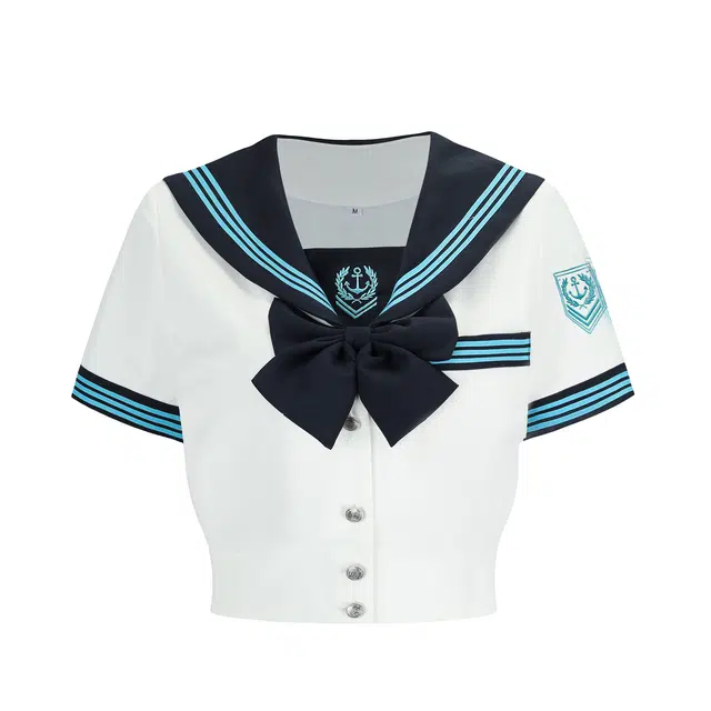 九条喵 拼色经典短款收腰刺绣短袖水手服制服 女款