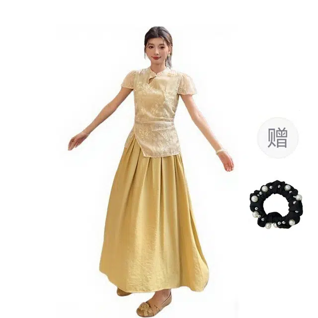 雾闪闪 温柔风复古收腰花色立领新中式修身裙短袖连衣裙 女款