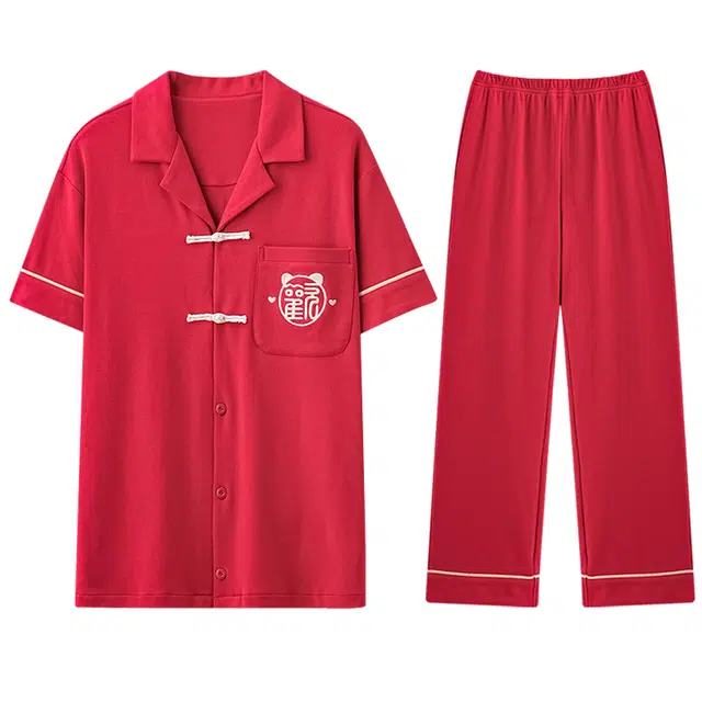向薇 纯棉短袖长裤大码翻领夏季睡衣套装 男款