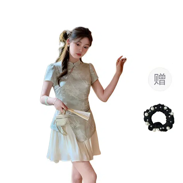 雾闪闪 旗袍领国风收腰舒适气质短袖连衣裙 女款