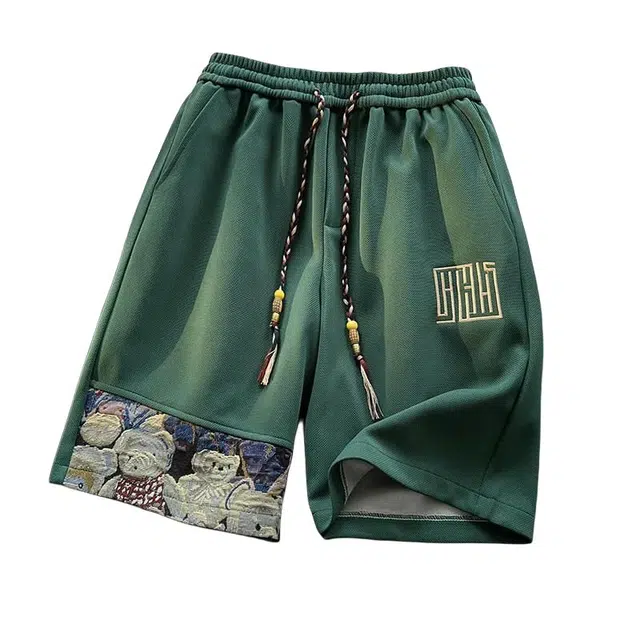 沐诚阳译 刺绣小熊潮牌薄款宽松直筒设计感潮牌运动五分裤休闲短裤 男款