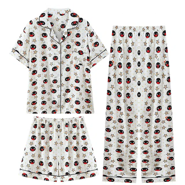 俏韵 翻领卡通夏季云朵棉舒适短袖三件套甜美薄款凉感家居服可外穿睡衣套装 女款