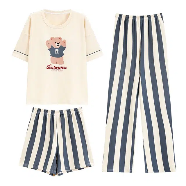 俏韵 圆领夏季款短袖三件套带胸垫甜美薄款凉感家居服可外穿睡衣套装 女款