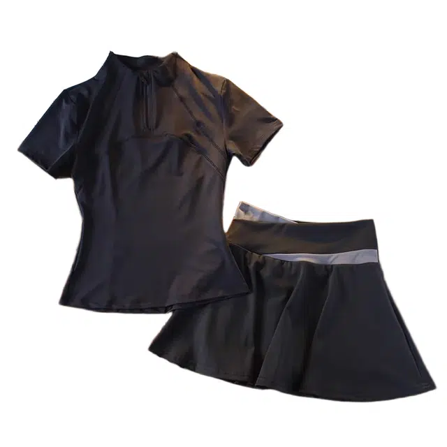 桴生  瑜伽服简约半拉链时尚百搭短袖高腰速干运动跑步修身短裙  健身套装  女款