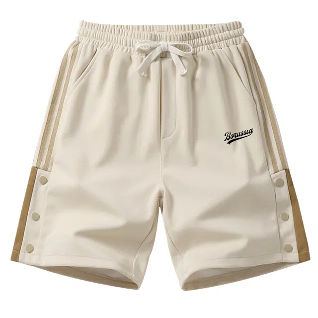 普鲁士多特蒙德 条纹拼接潮流裤脚纽扣小众设计直筒裤宽松五分慵懒美式街头户外百搭休闲短裤 男女同款