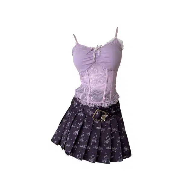 敲模女孩 纯欲风甜美蕾丝边拼接短款吊带背心高腰包臀百褶半身短裙裙装套装 女款