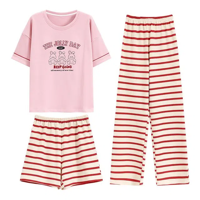 俏韵 圆领夏季舒适短袖三件套带胸垫甜美薄款凉感家居服可外穿睡衣套装 女款